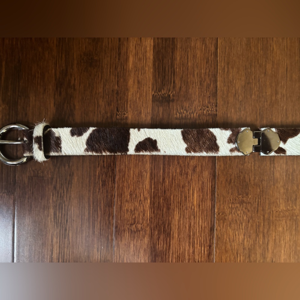 Garuglieri Cow Print Calf Hair Leather Belt M 39.5” Silver Buckle Made in Italy